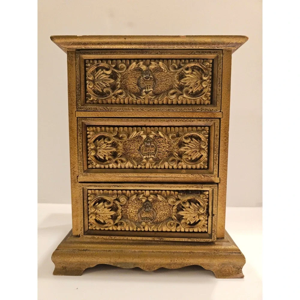 Vintage Royal Sealy Carved‎ 3 Drawer Trinket Box Jewelry Music Box Gold Tone